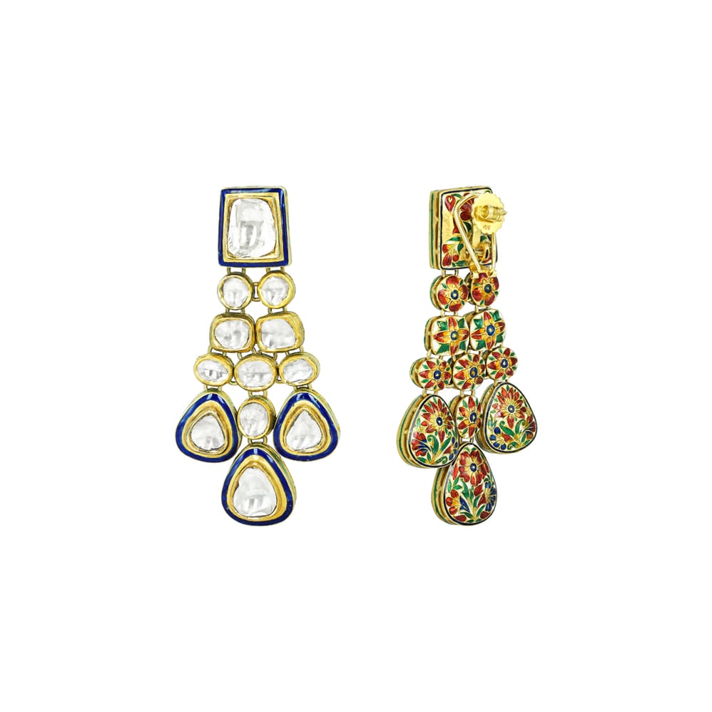 Cascading Polki Earrings with Blue Enamel